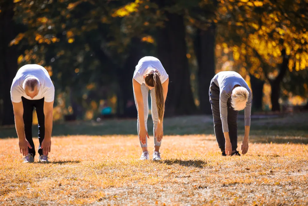 Three people doing gymnastics in the park